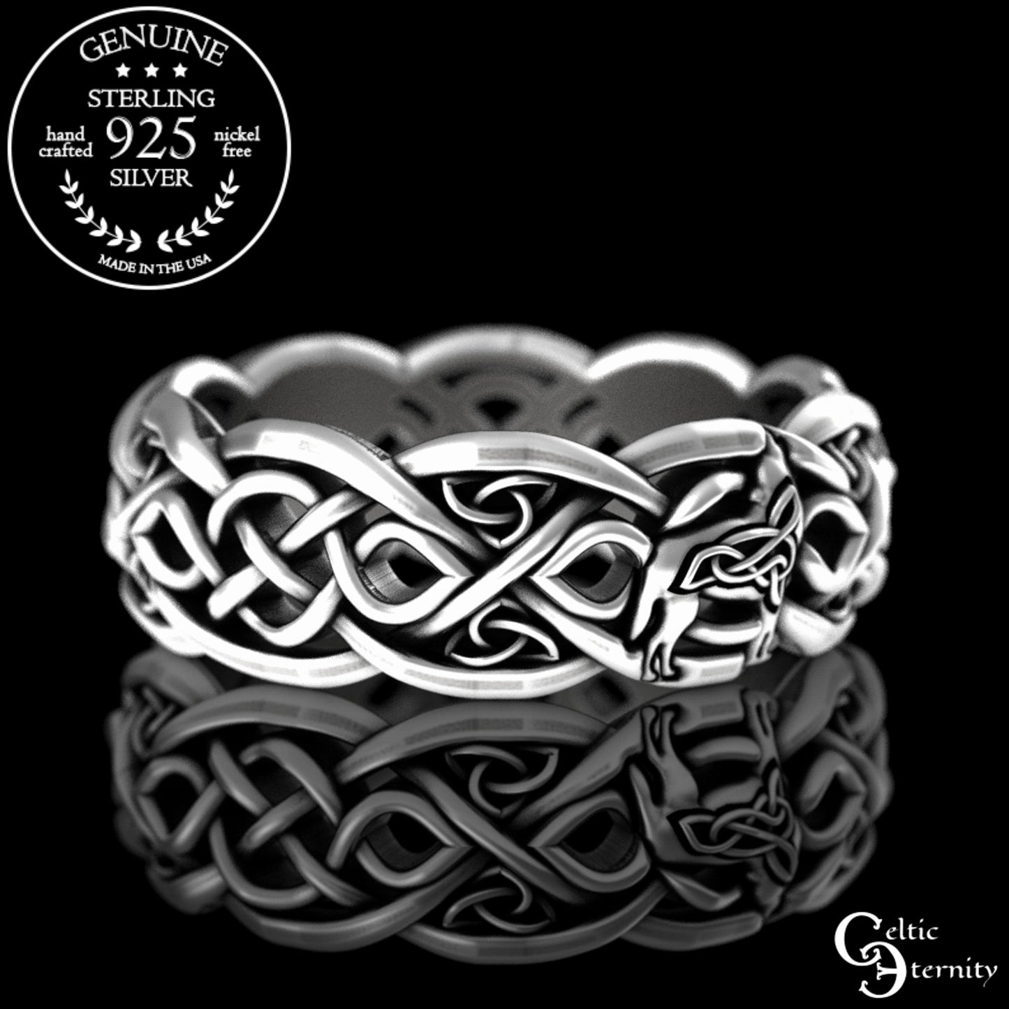 Woman's Sterling Silver Celtic Howling Wolves Wedding Band, 4267