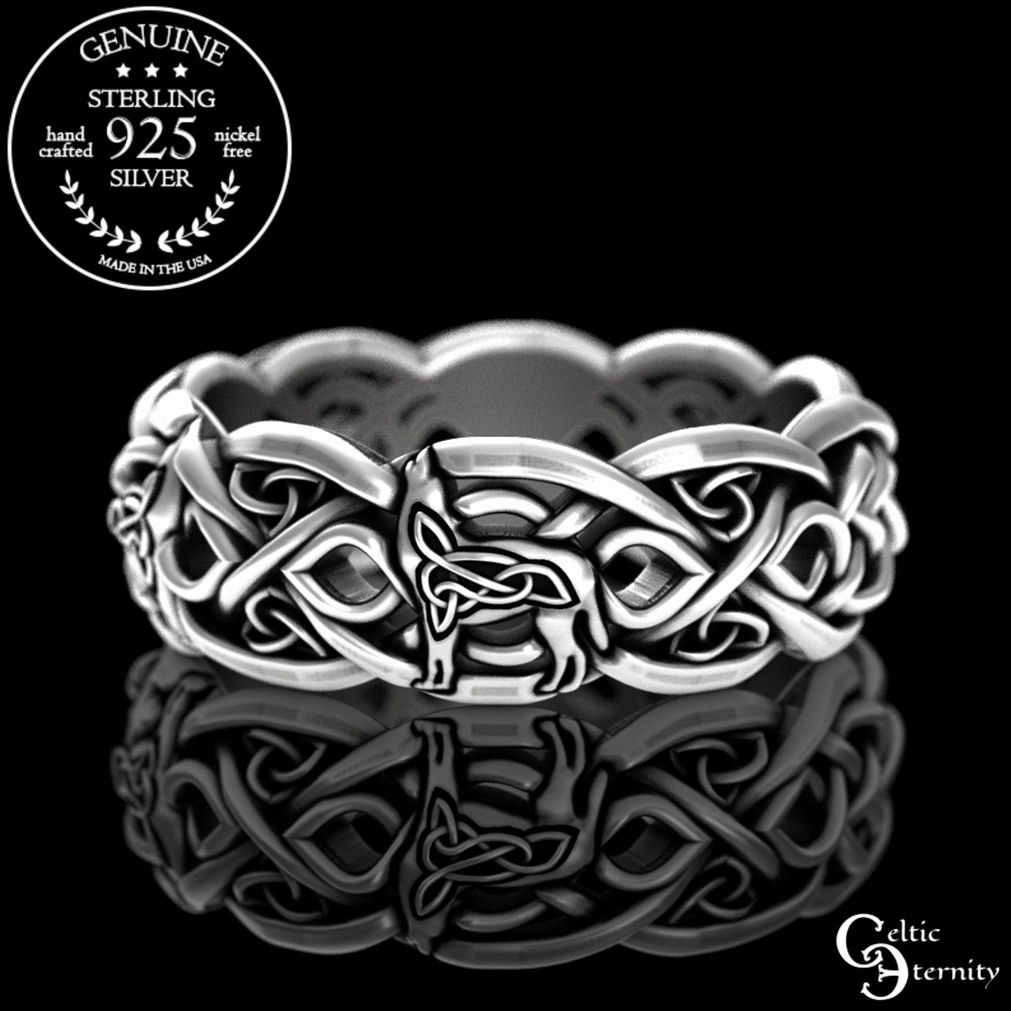 Woman's Sterling Silver Celtic Howling Wolves Wedding Band, 4267