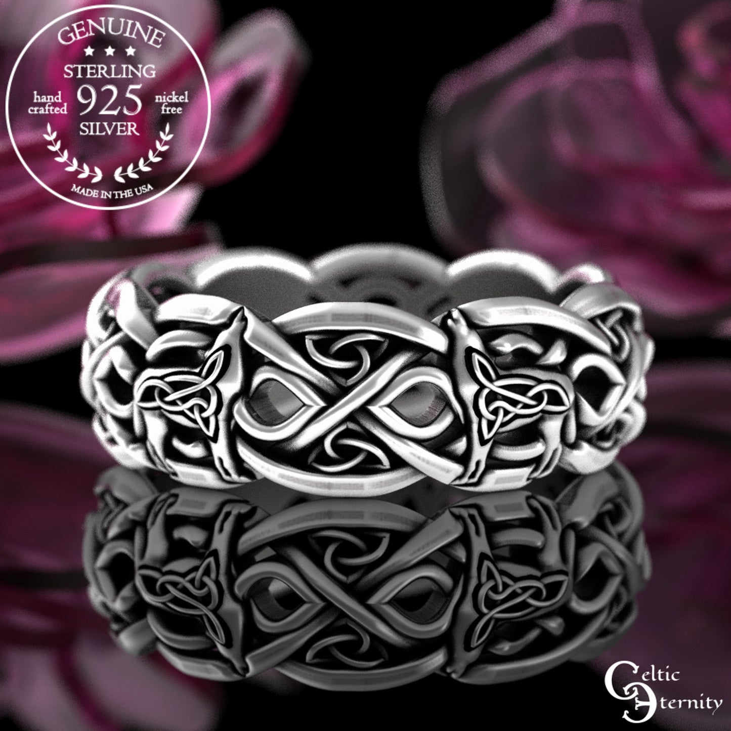 Woman's Sterling Silver Celtic Howling Wolves Wedding Band, 4267