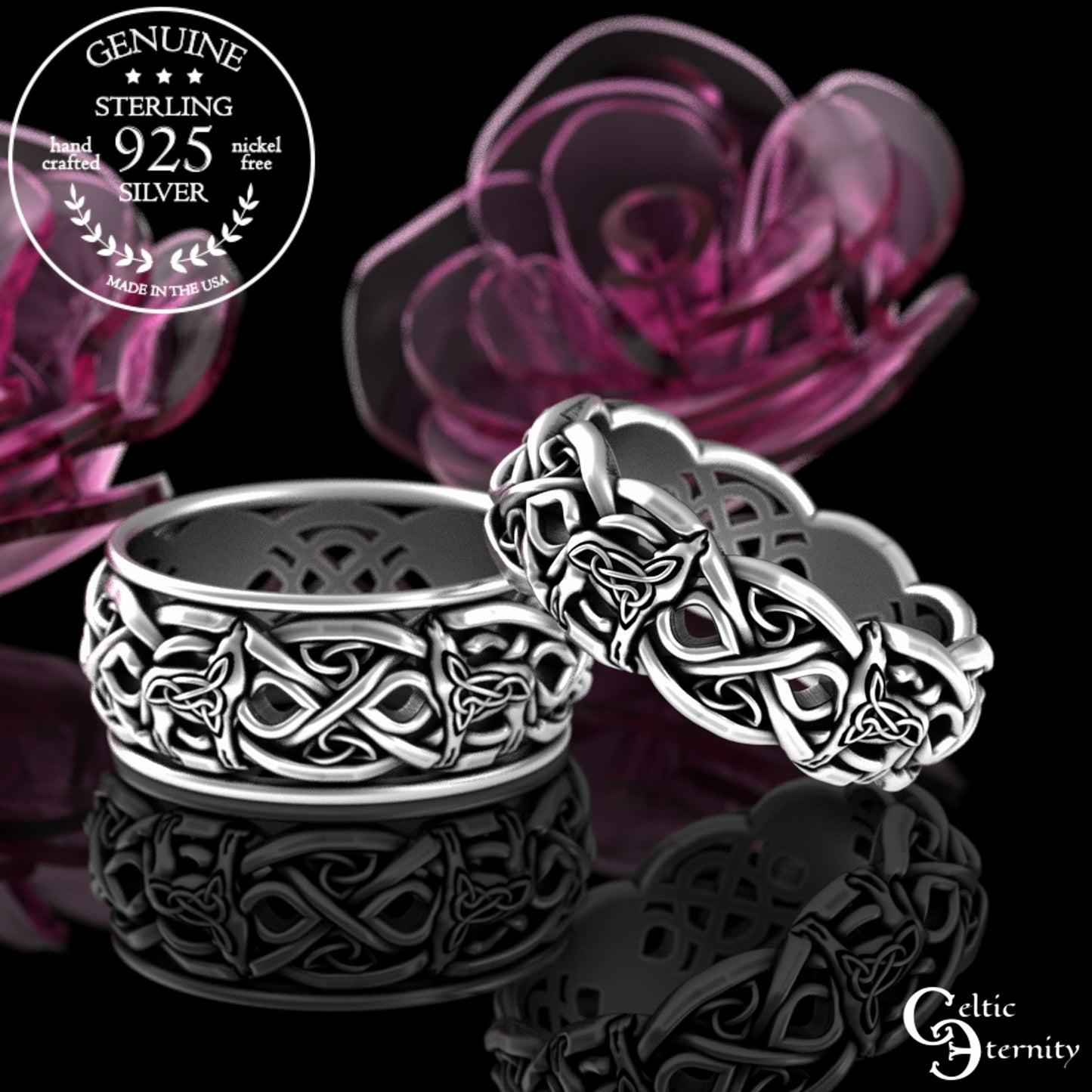 Sterling Silver Men's Celtic Howling Wolves Wedding Band, 4269