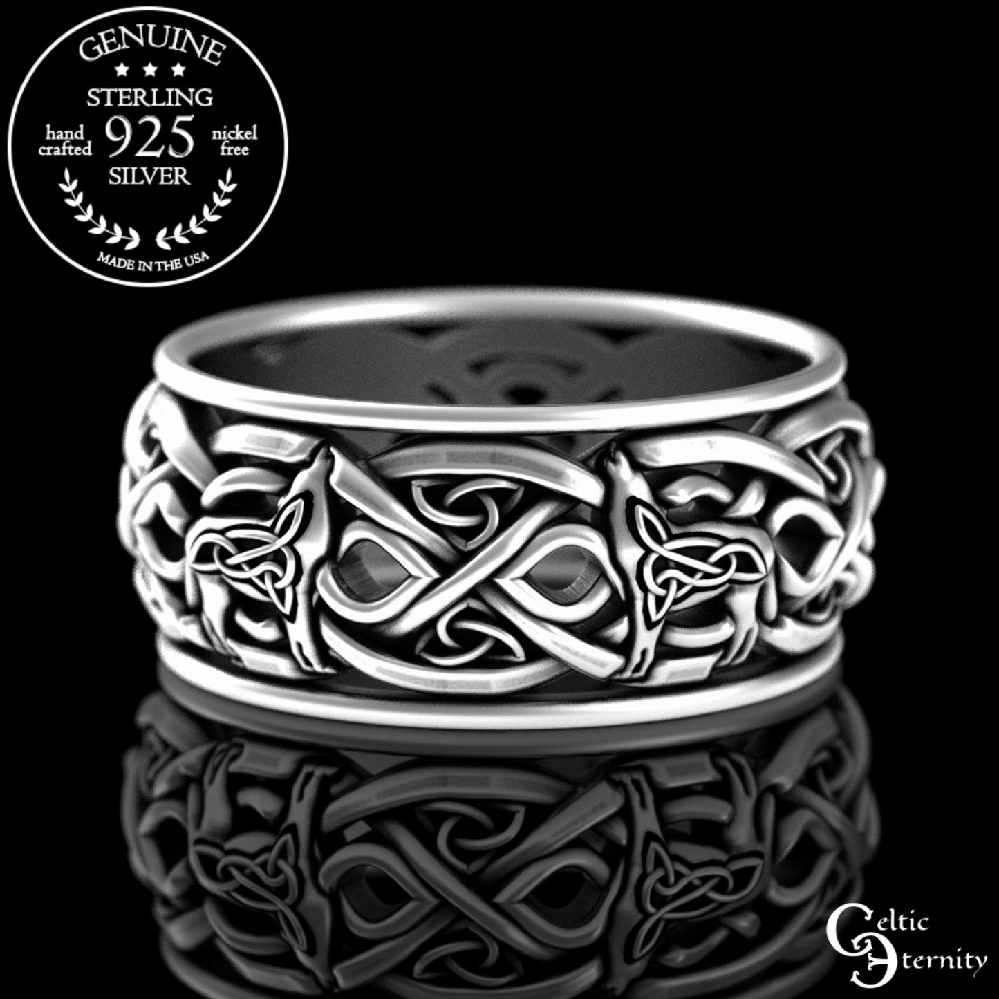 Sterling Silver Men's Celtic Howling Wolves Wedding Band, 4269