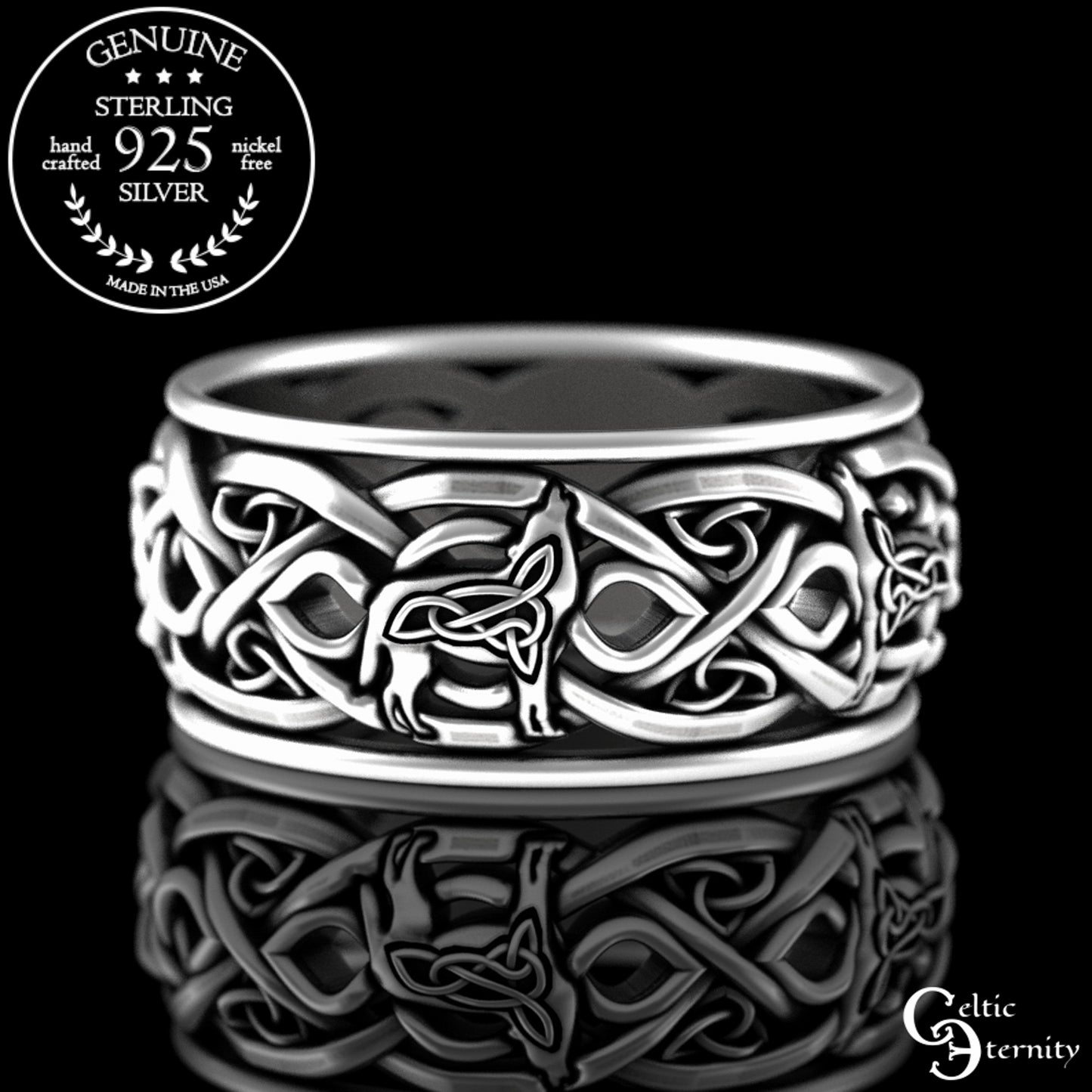 Sterling Silver Men's Celtic Howling Wolves Wedding Band, 4269
