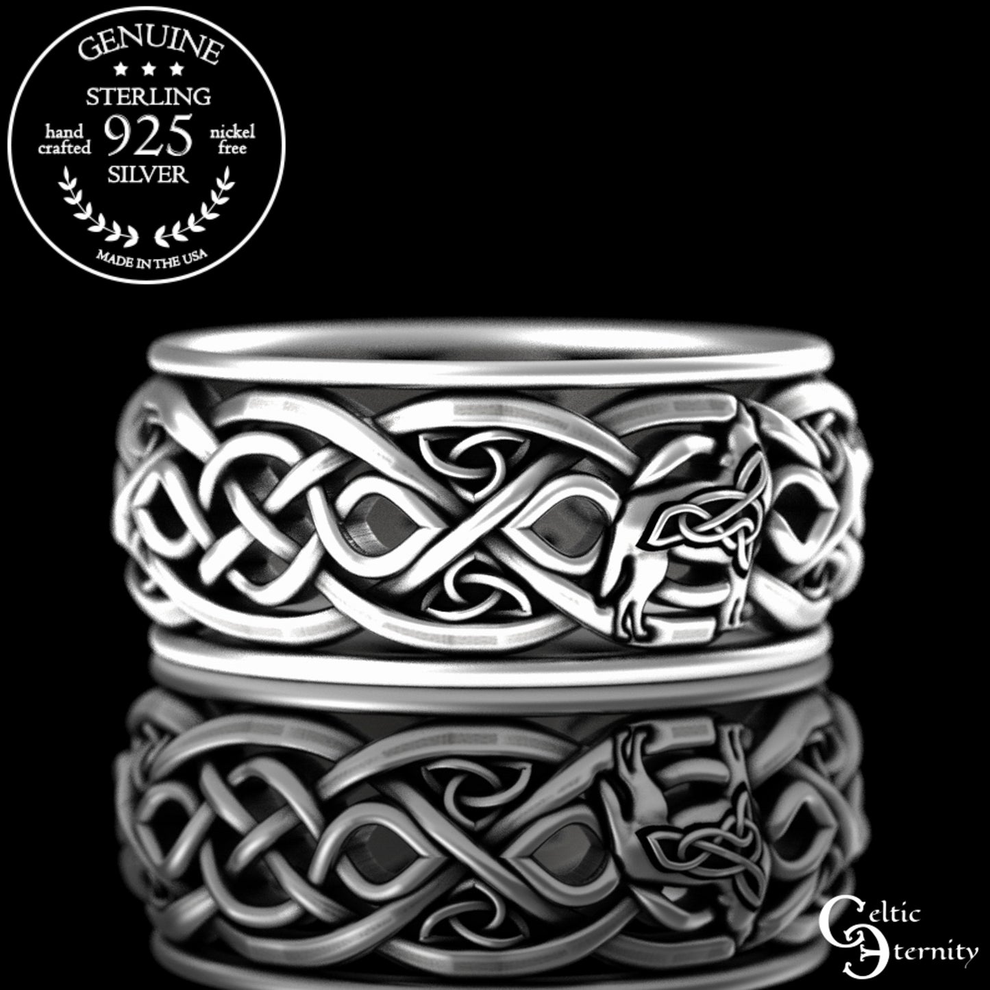 Sterling Silver His & Hers Celtic Howling Wolves Wedding Band Set, 4267 4269