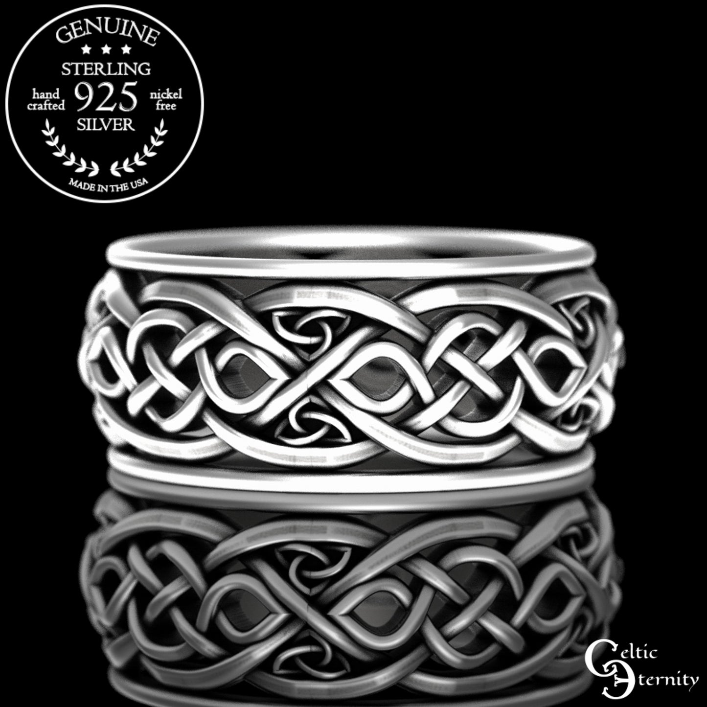 Sterling Silver Men's Celtic Howling Wolves Wedding Band, 4269