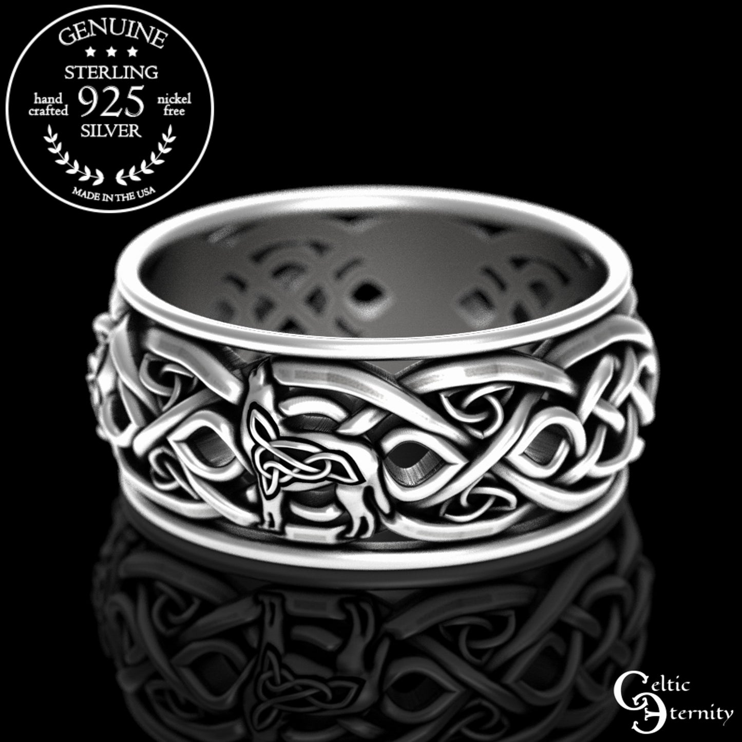 Sterling Silver Men's Celtic Howling Wolves Wedding Band, 4269