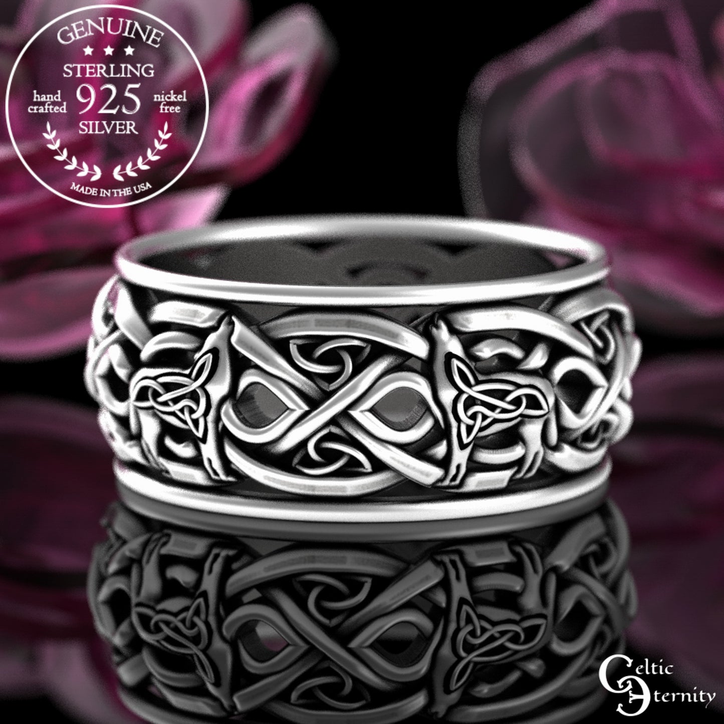 Sterling Silver Men's Celtic Howling Wolves Wedding Band, 4269