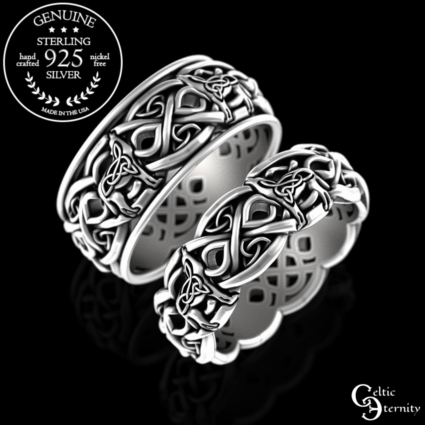 Sterling Silver His & Hers Celtic Howling Wolves Wedding Band Set, 4267 4269