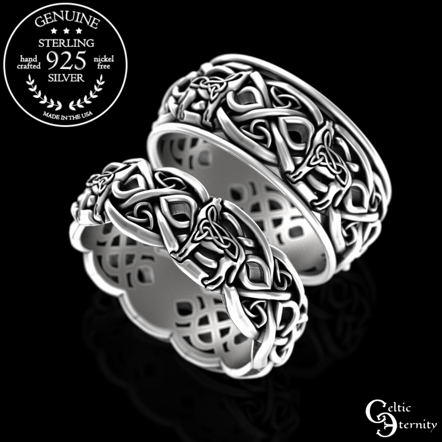 Sterling Silver His & Hers Celtic Howling Wolves Wedding Band Set, 4267 4269