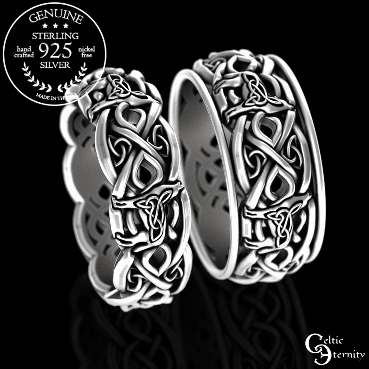 Sterling Silver His & Hers Celtic Howling Wolves Wedding Band Set, 4267 4269