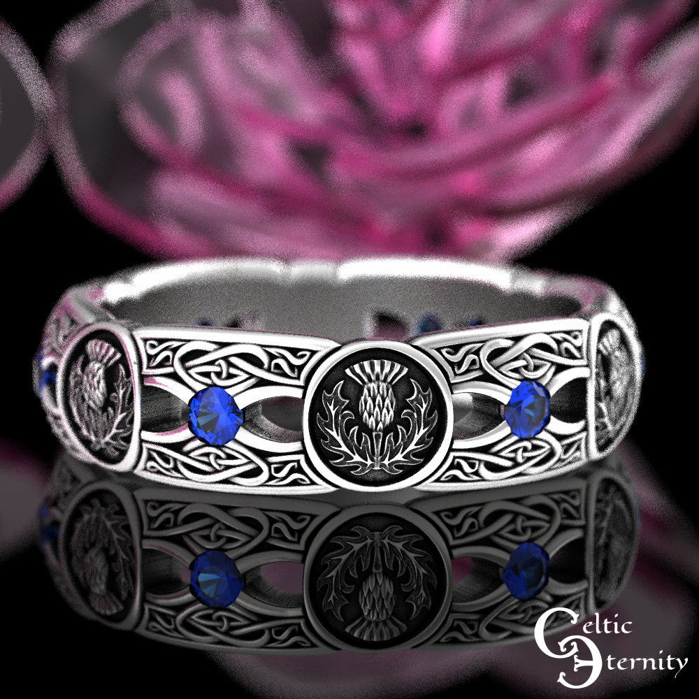 Sterling Silver Woman's Alexandrite & Irish Thistle Wedding Band, 4408