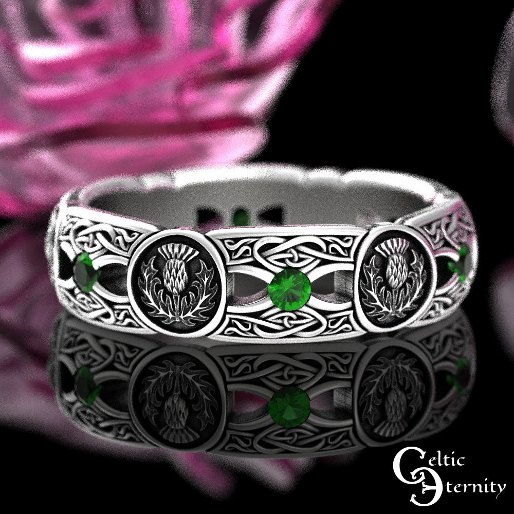 Sterling Silver Woman's Alexandrite & Irish Thistle Wedding Band, 4408