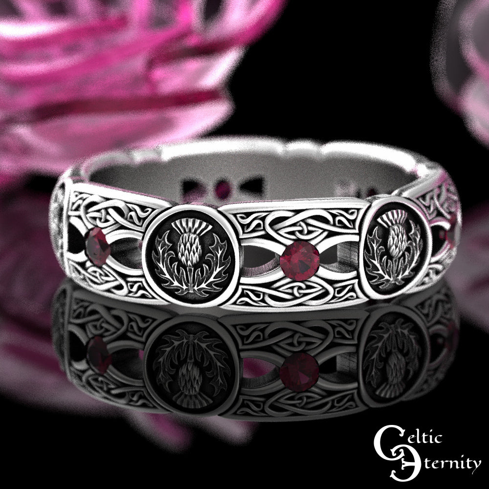 Sterling Silver Woman's Alexandrite & Irish Thistle Wedding Band, 4408