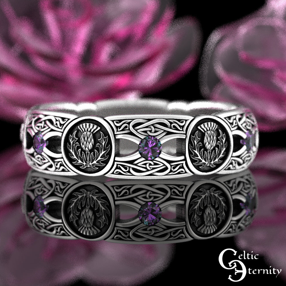 Sterling Silver Woman's Alexandrite & Irish Thistle Wedding Band, 4408