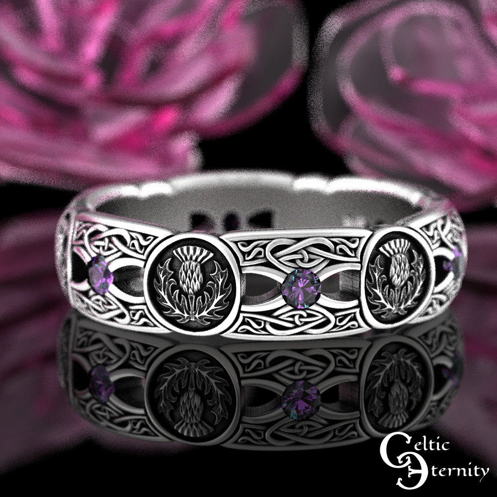 Sterling Silver Woman's Alexandrite & Irish Thistle Wedding Band, 4408