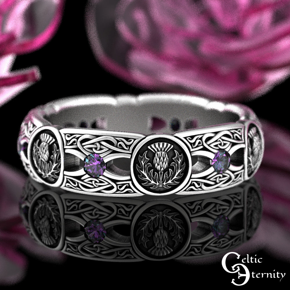 Sterling Silver Woman's Alexandrite & Irish Thistle Wedding Band, 4408
