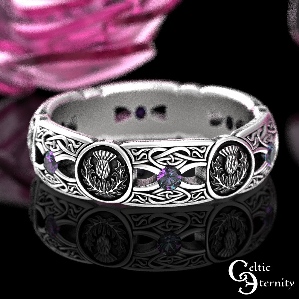 Sterling Silver Woman's Alexandrite & Irish Thistle Wedding Band, 4408