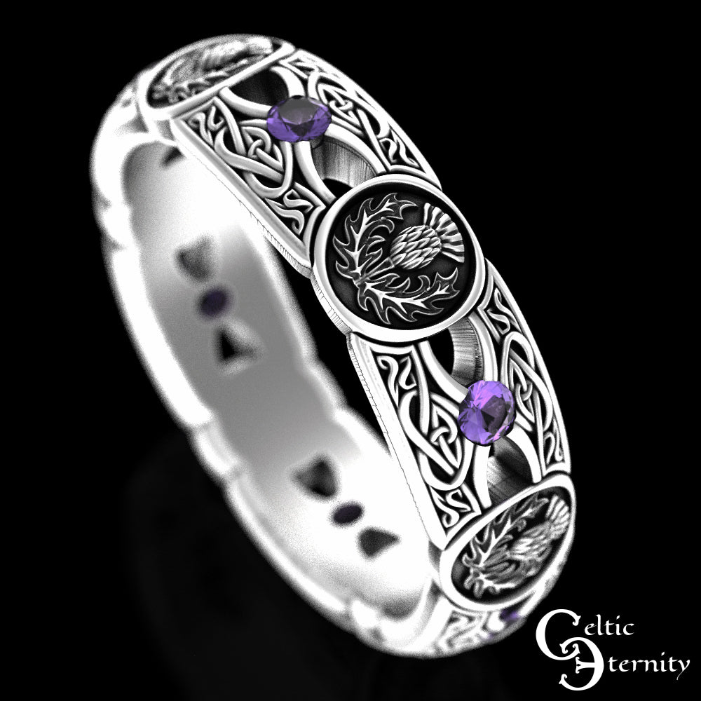 Sterling Silver Woman's Alexandrite & Irish Thistle Wedding Band, 4408