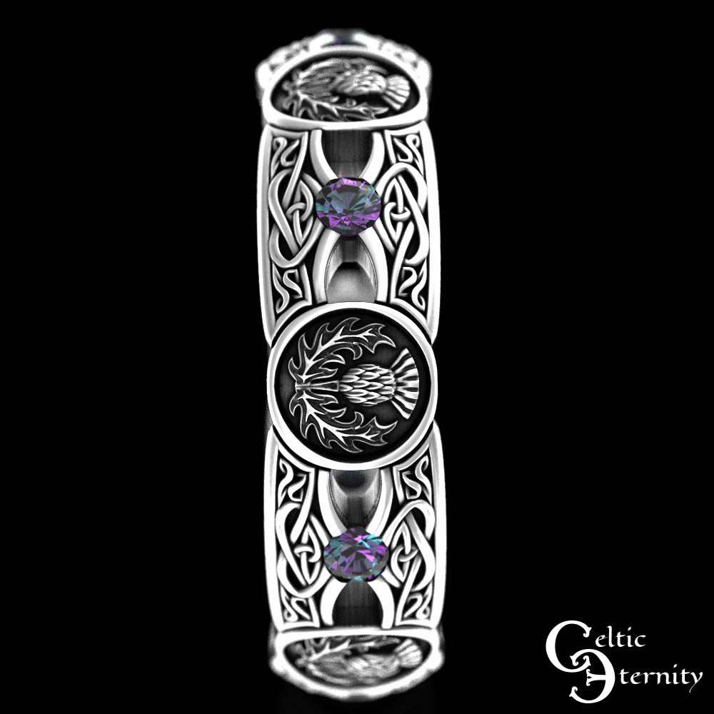 Sterling Silver Woman's Alexandrite & Irish Thistle Wedding Band, 4408