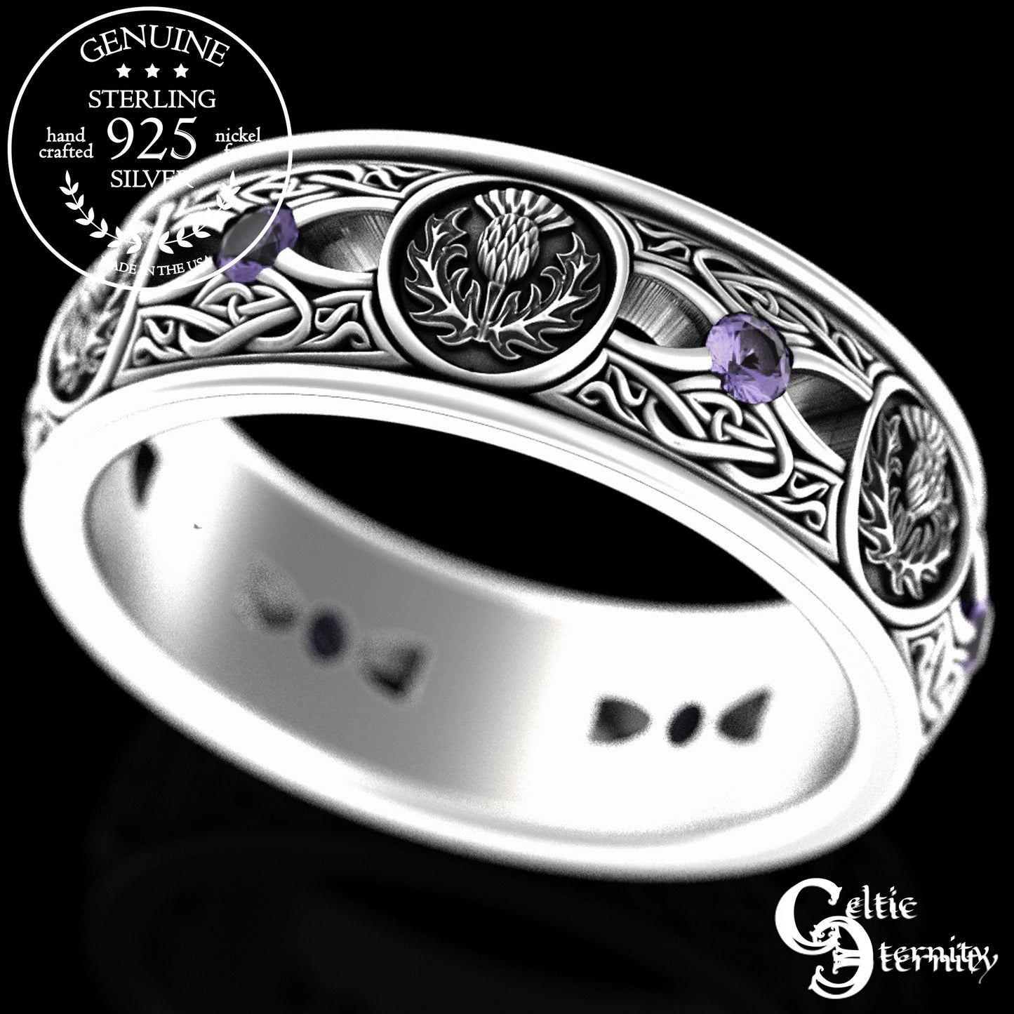 Men's Sterling Irish Thistle & Woven Heart Wedding Band with Amethyst, 4409