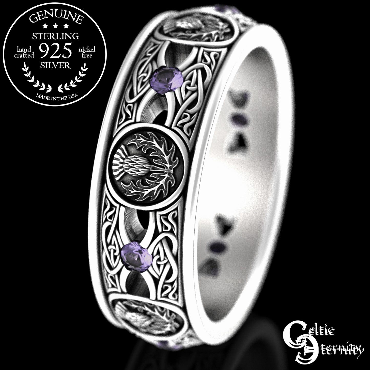 Men's Sterling Irish Thistle & Woven Heart Wedding Band with Amethyst, 4409