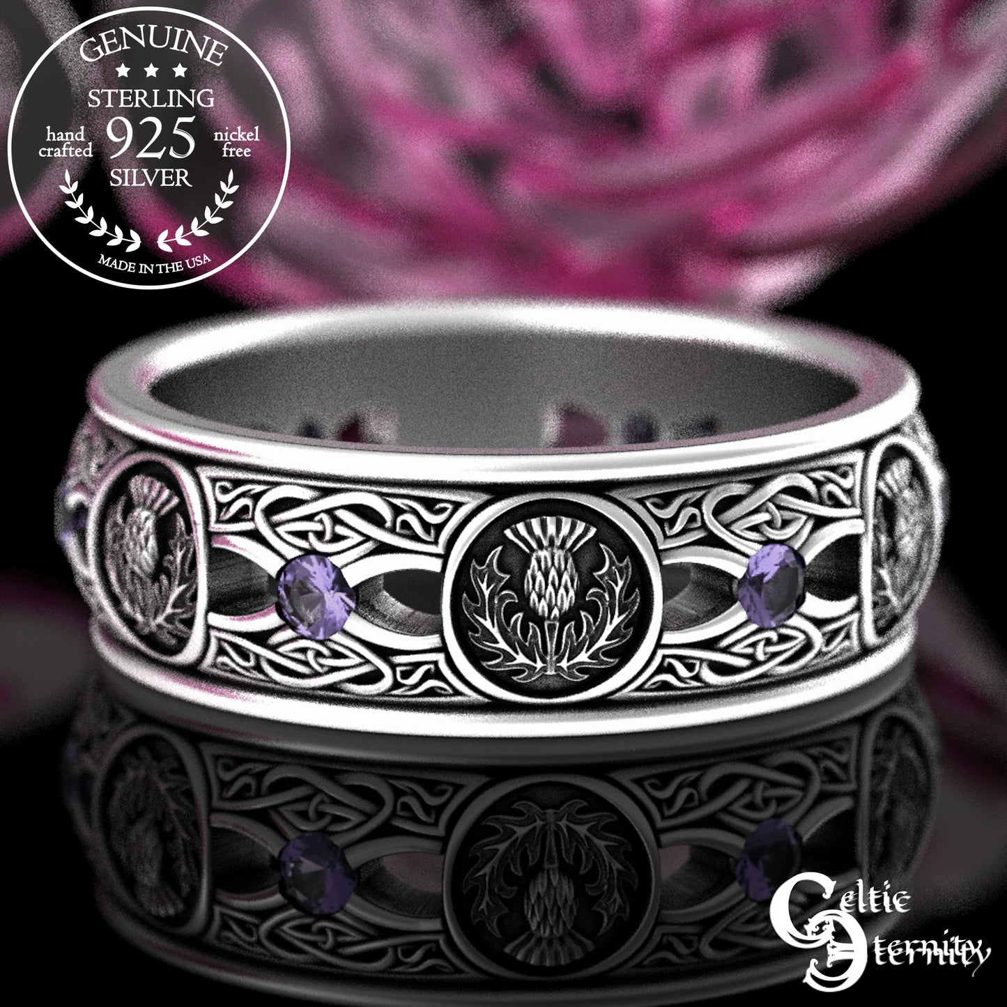 Men's Sterling Irish Thistle & Woven Heart Wedding Band with Amethyst, 4409
