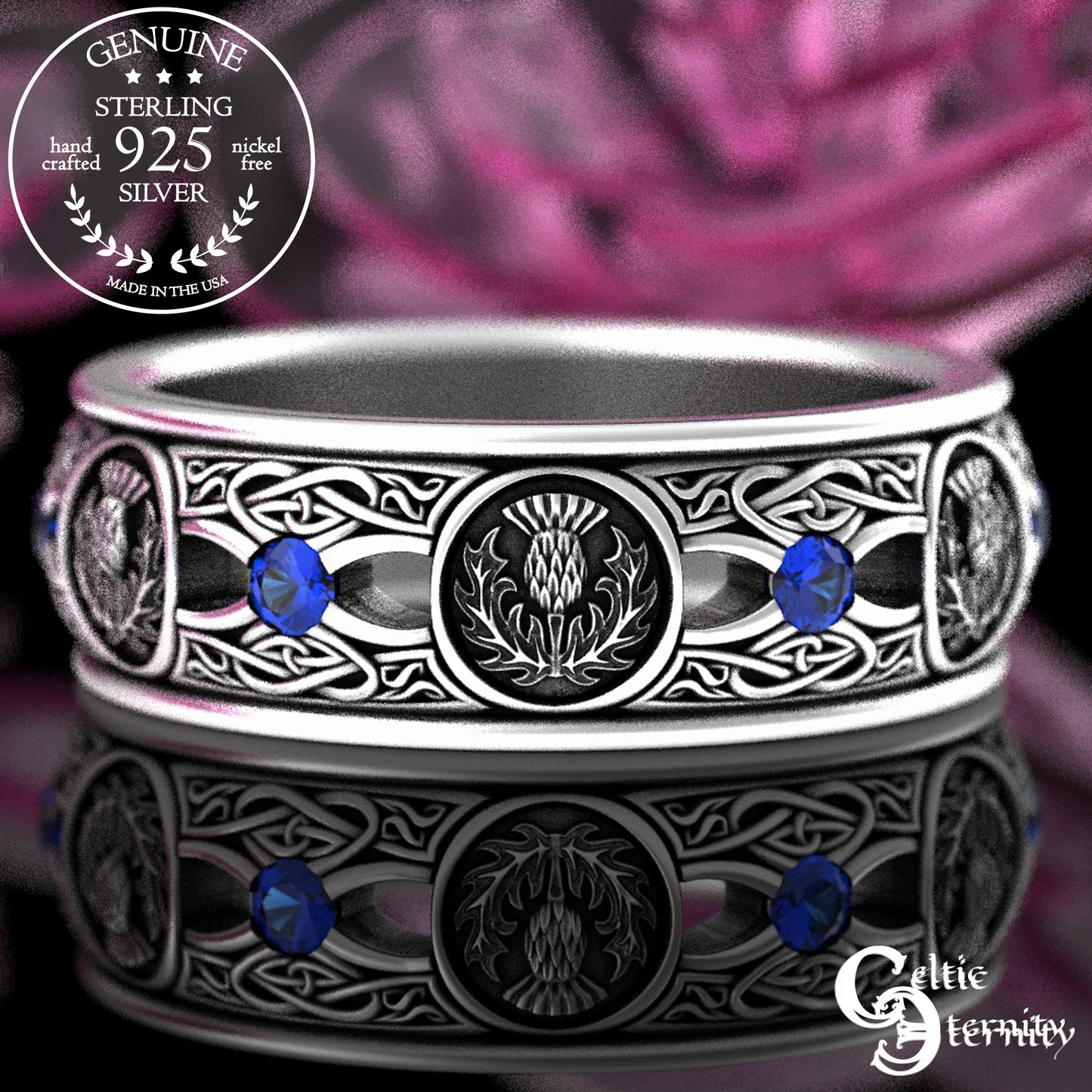 Men's Sterling Irish Thistle & Woven Heart Wedding Band with Amethyst, 4409