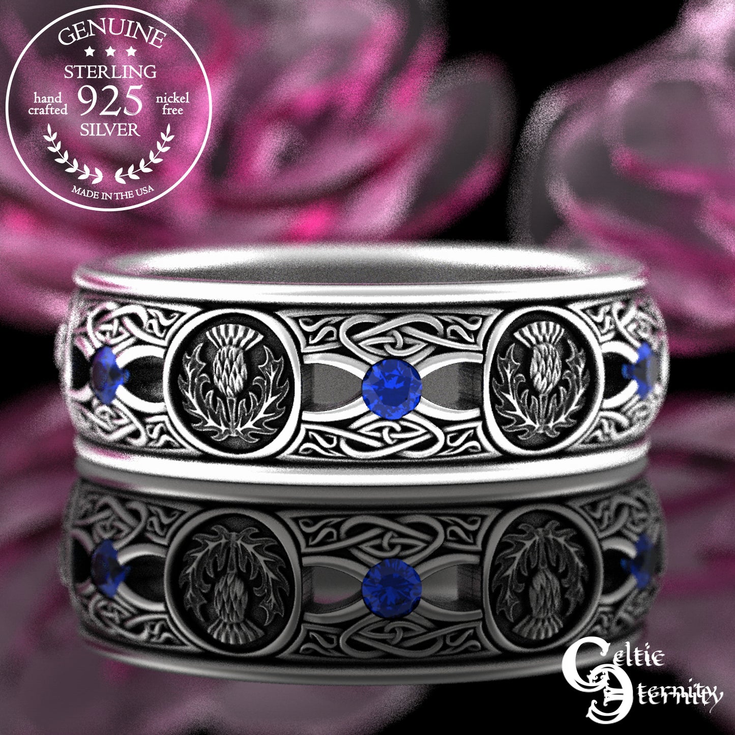 Men's Sterling Irish Thistle & Woven Heart Wedding Band with Amethyst, 4409