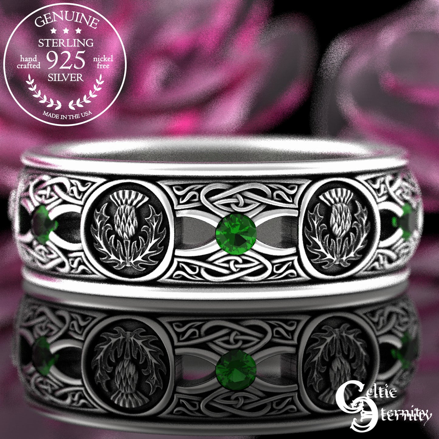 Men's Sterling Irish Thistle & Woven Heart Wedding Band with Amethyst, 4409