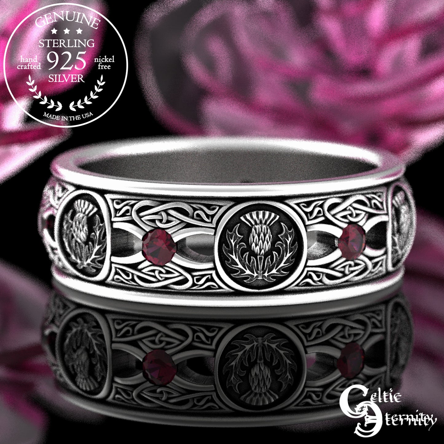 Men's Sterling Irish Thistle & Woven Heart Wedding Band with Amethyst, 4409