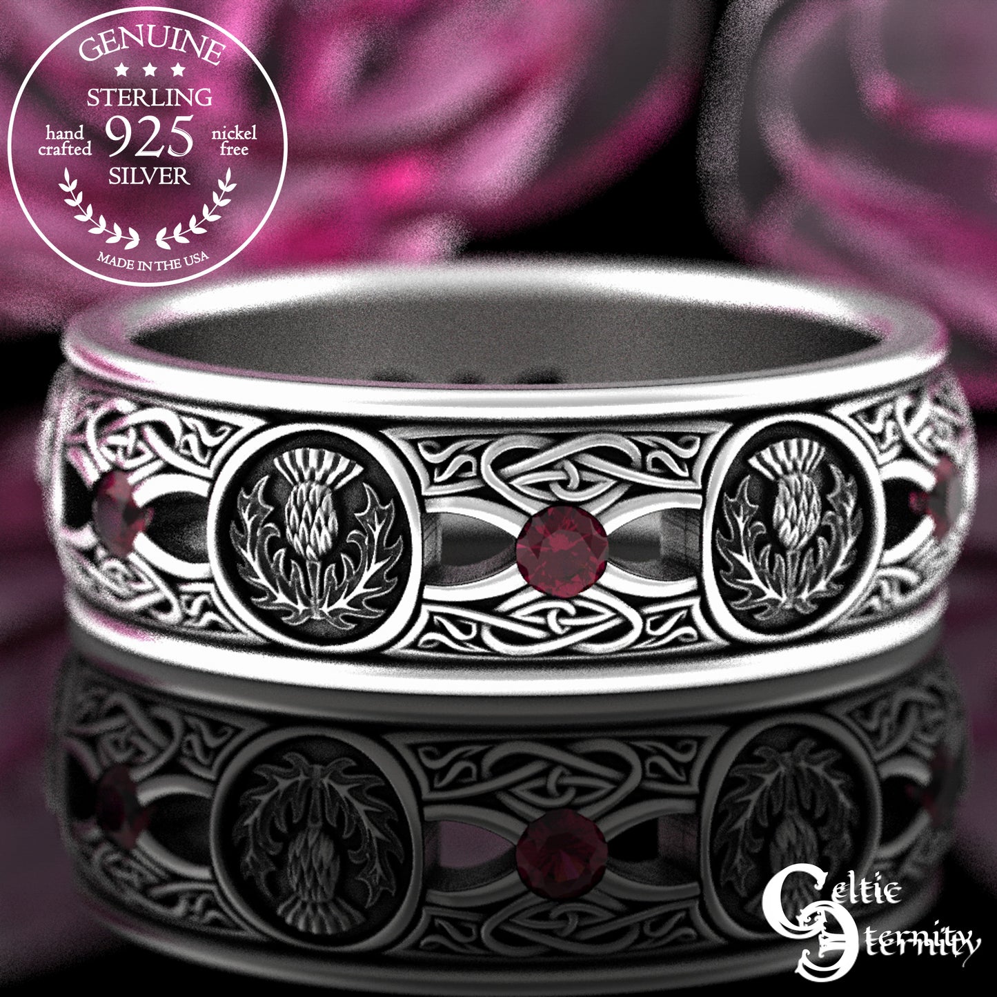 Men's Sterling Irish Thistle & Woven Heart Wedding Band with Amethyst, 4409