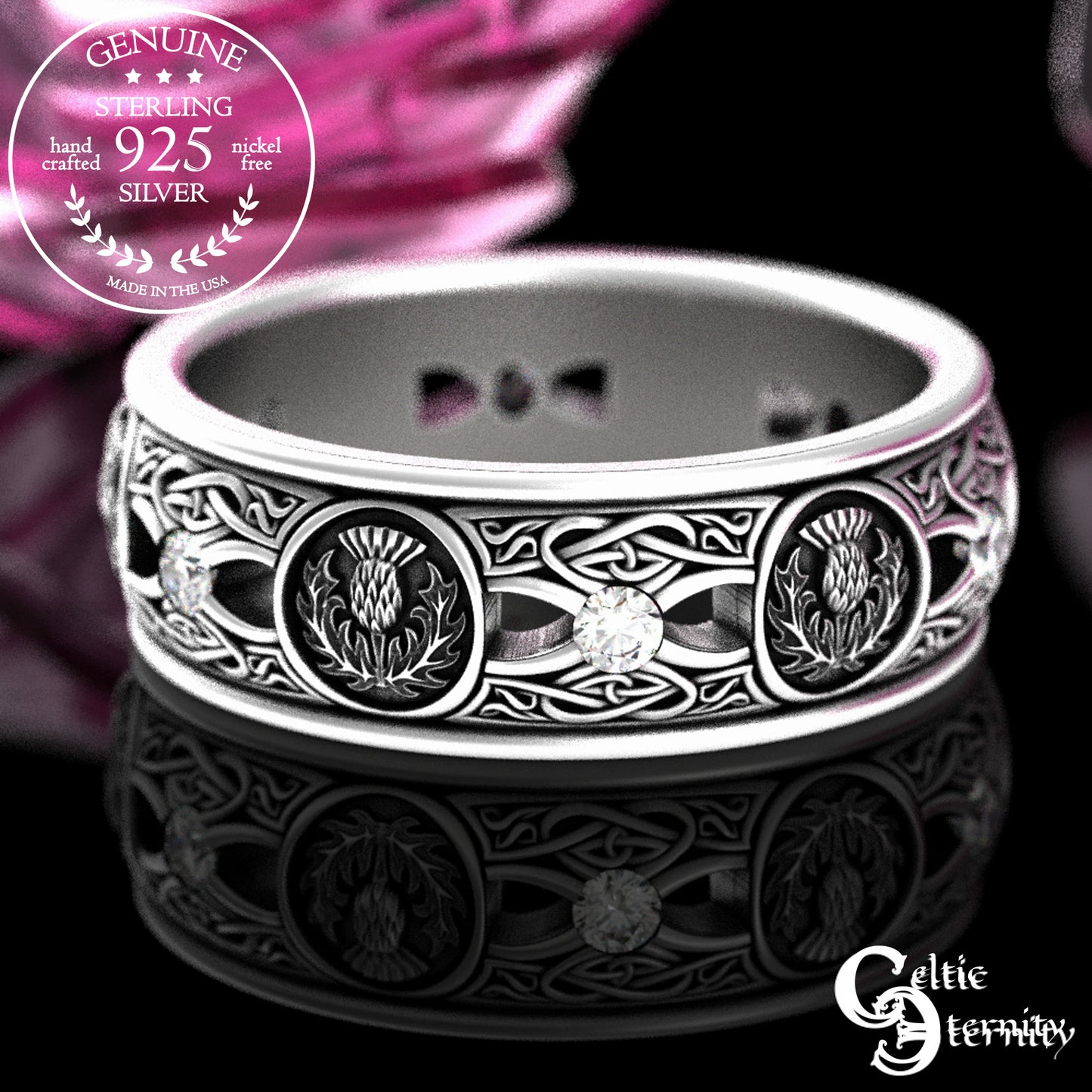 Men's Sterling Irish Thistle & Woven Heart Wedding Band with Amethyst, 4409