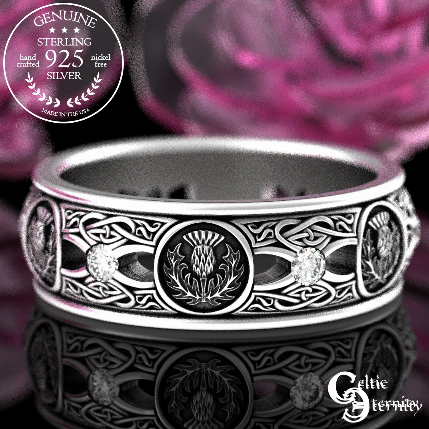 Men's Sterling Irish Thistle & Woven Heart Wedding Band with Amethyst, 4409