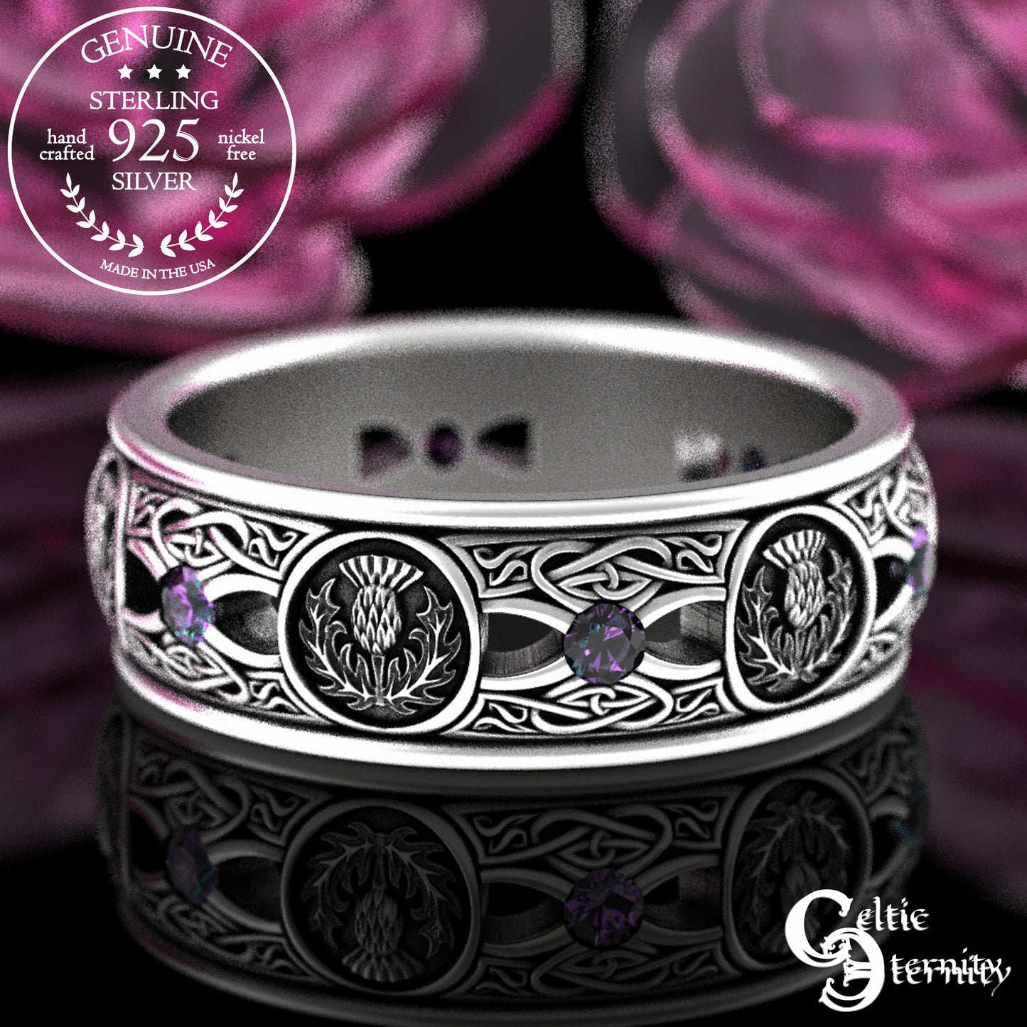 Men's Sterling Irish Thistle & Woven Heart Wedding Band with Amethyst, 4409