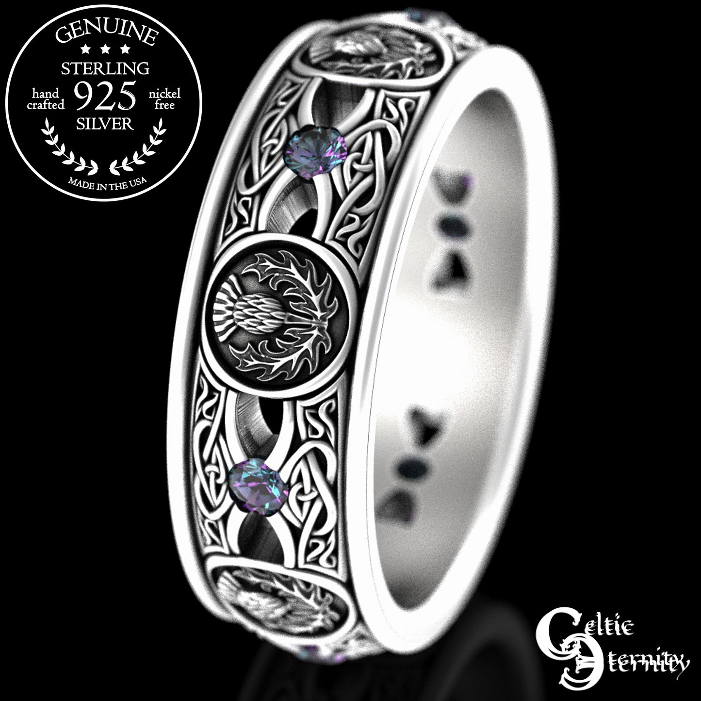 Men's Sterling Irish Thistle & Woven Heart Wedding Band with Amethyst, 4409