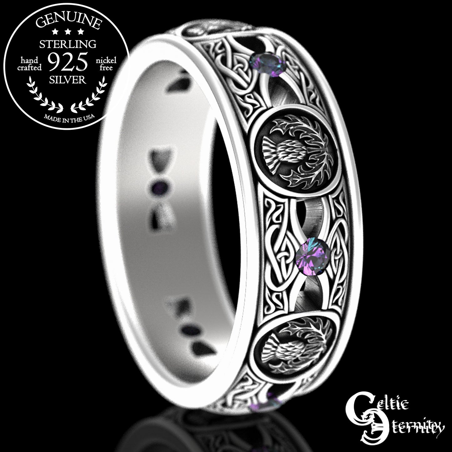Men's Sterling Irish Thistle & Woven Heart Wedding Band with Amethyst, 4409