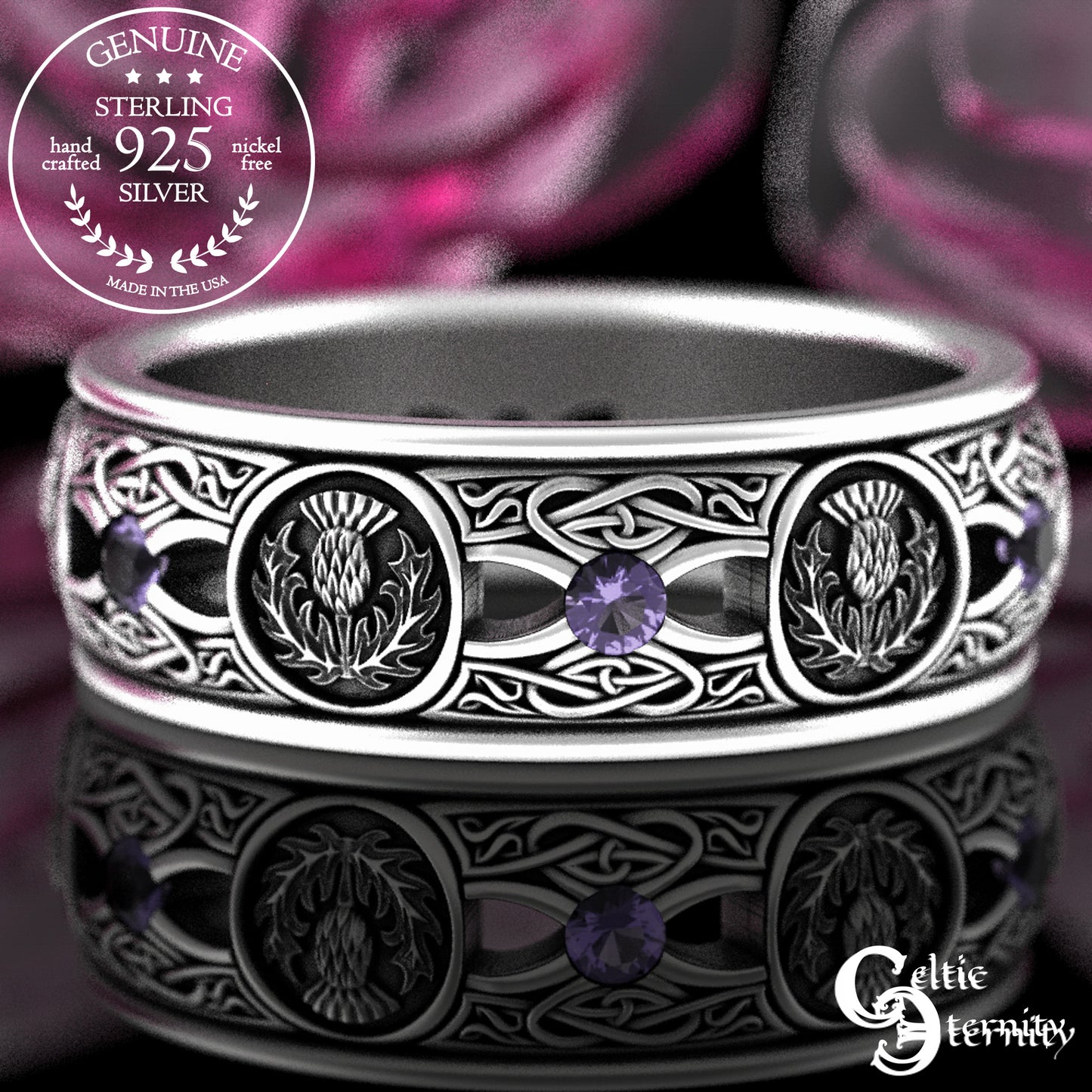 Men's Sterling Irish Thistle & Woven Heart Wedding Band with Amethyst, 4409