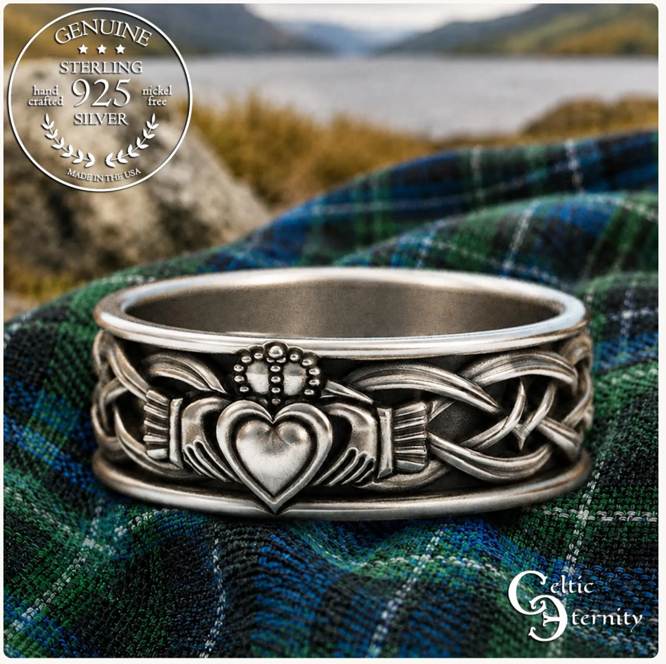 Sterling Men's Irish Claddagh Wedding Band - Heart Hands Crown, 3223