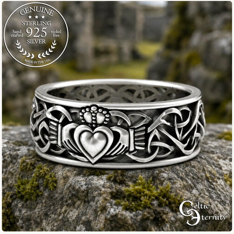 Men's Sterling Classic Irish Claddagh Wedding Band with Trinity Knots, 3237