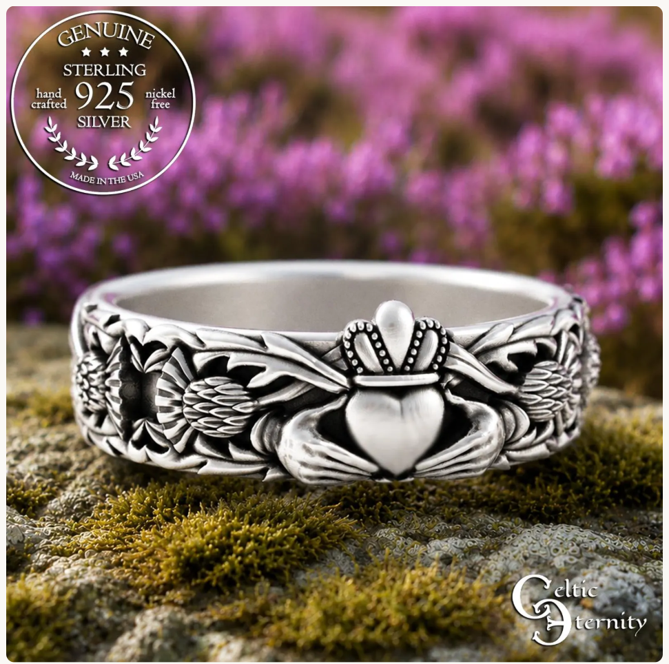 Woman's Sterling Celtic Thistle & Heart Hands Crown Claddagh Wedding Band, 3243