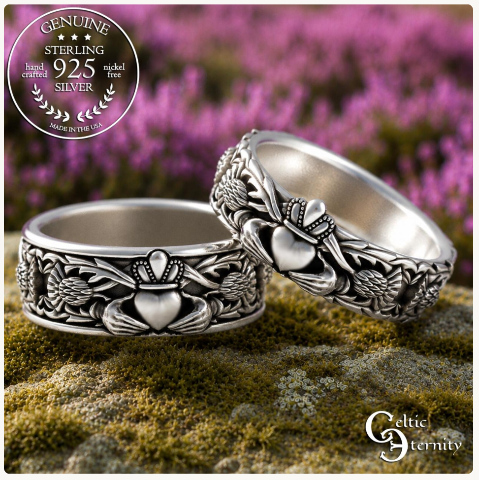 Matching Sterling Celtic Claddagh Wedding Band Set with Thistle Knotwork, 3243 3281