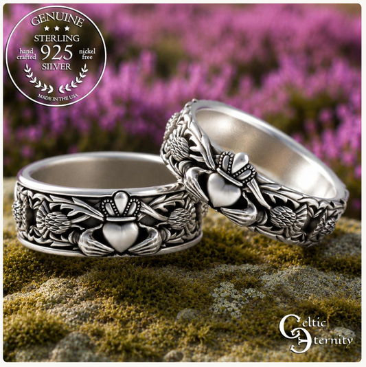 Matching Sterling Celtic Claddagh Wedding Band Set with Thistle Knotwork, 3243 3281