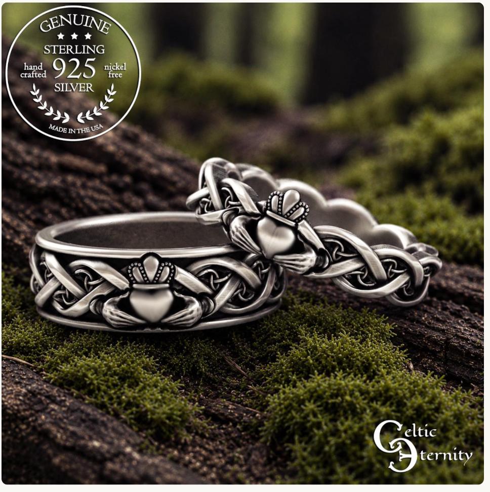 Sterling Silver Celtic Claddagh Matching Wedding Band Set, 3280 3222