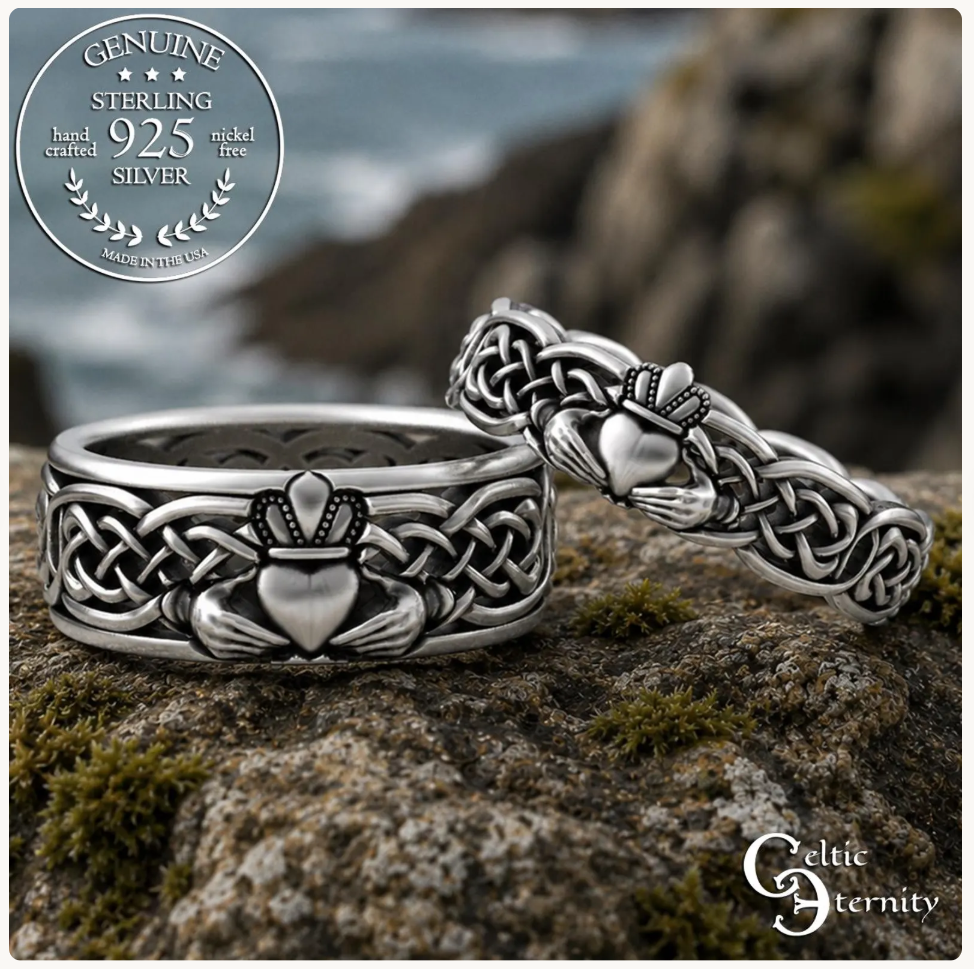 Sterling Bride & Groom Scottish Claddagh Wedding Band Set - Heart Hands Crown, 3220 3224