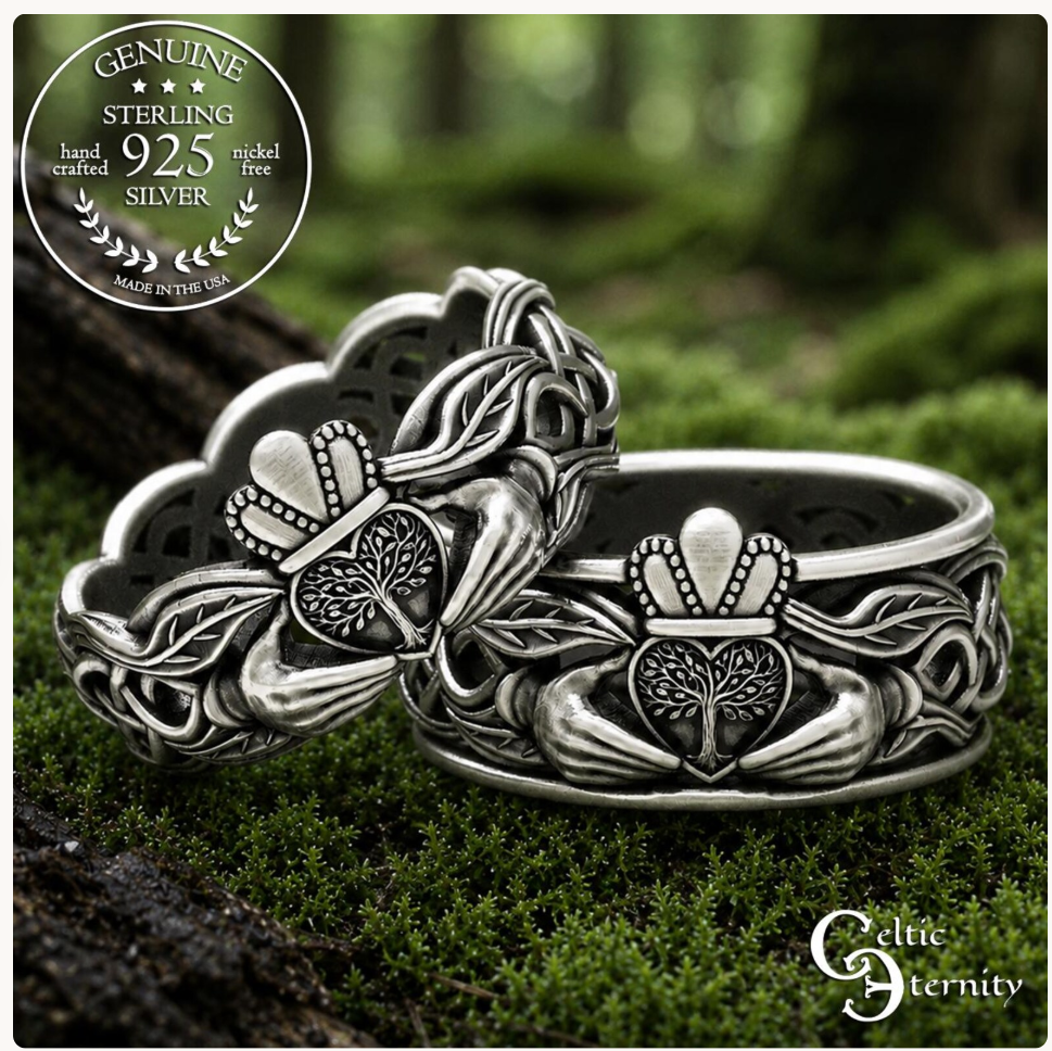 Sterling Celtic Tree of Life Claddagh Wedding Band Set, 2039 2040
