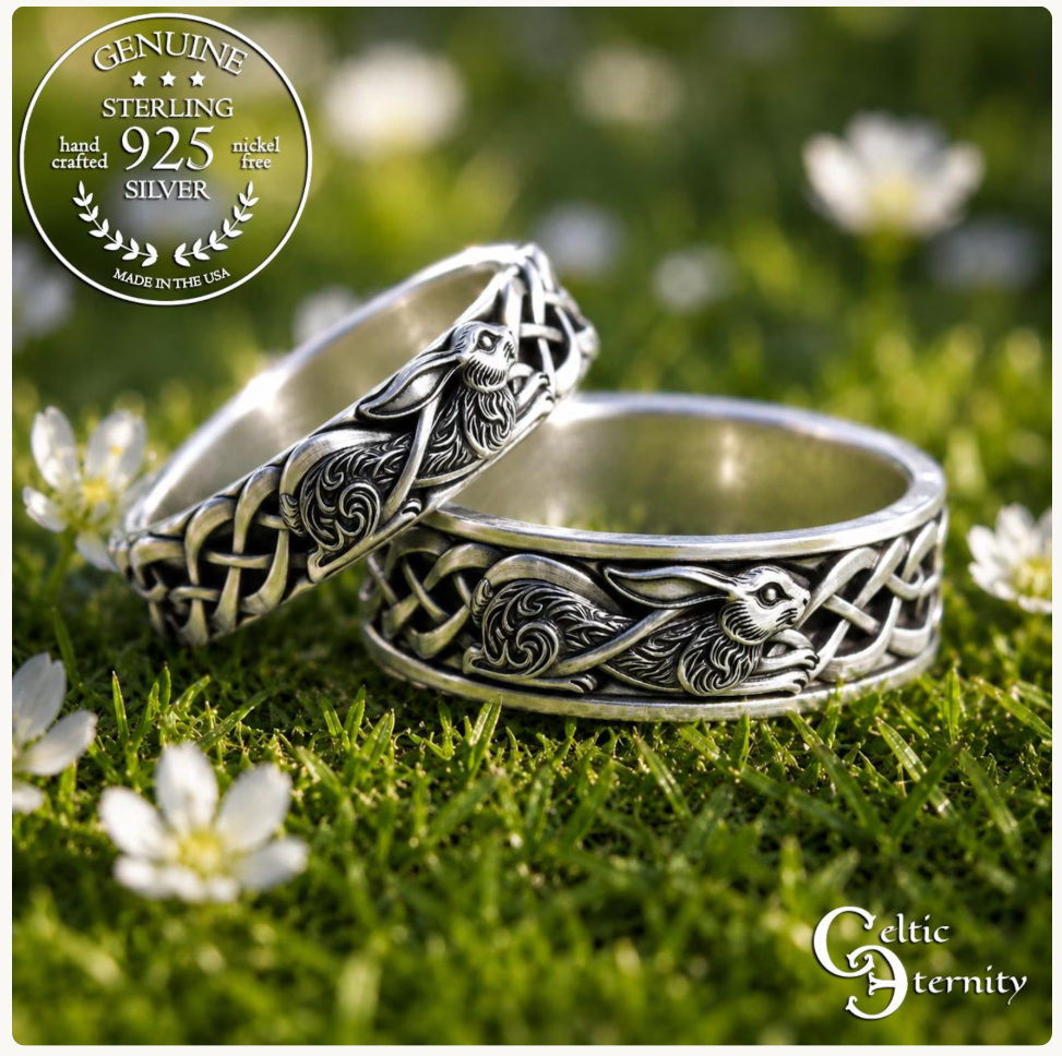 Sterling Matching Set of Celtic Bunny Rabbit Wedding Bands, 2140 2143