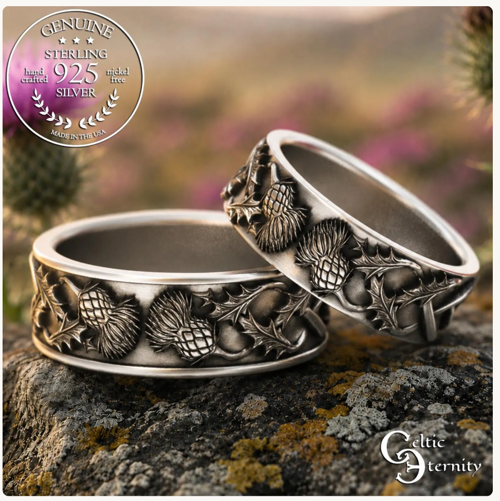 Sterling Scottish Thistle Blossom & Leaves Wedding Band Set - Matching Infinity Knotwork, 2126 2127