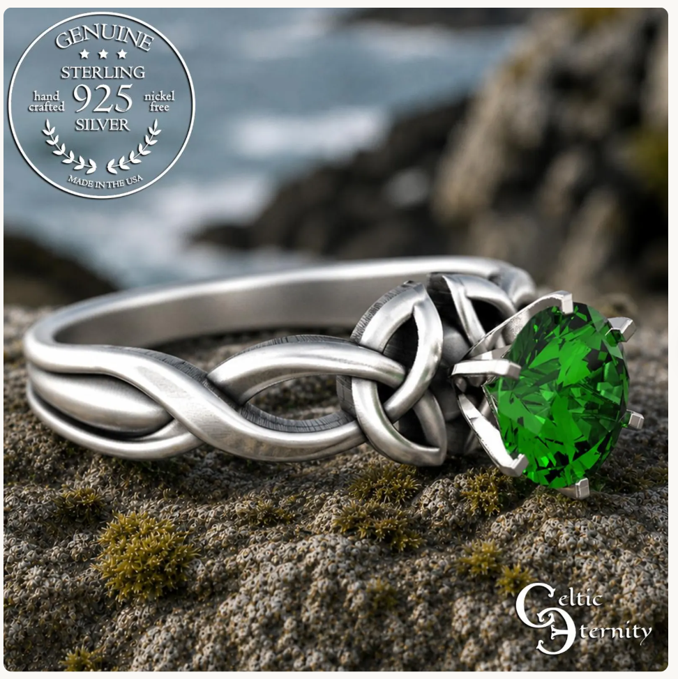 Sterling & Emerald Irish Trinity Knot Engagement Ring, 1982