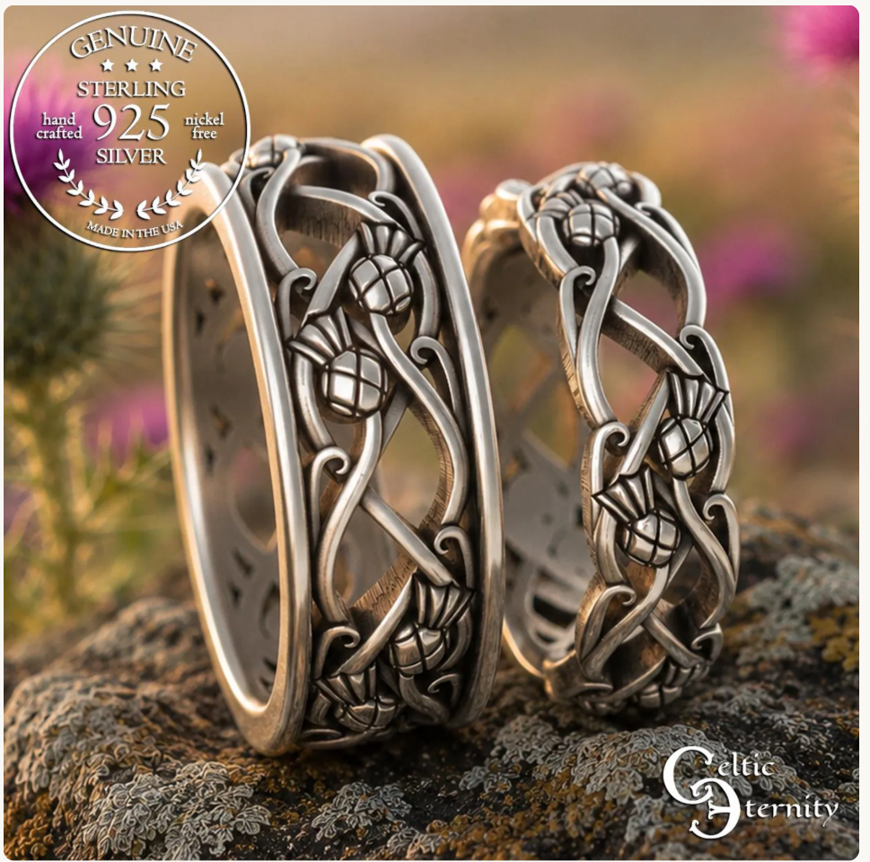 Sterling Matching Scottish Thistle Wedding Band Set, 3301 3302