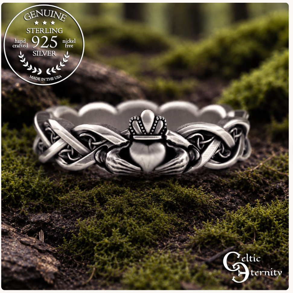 Sterling Woman's Dainty Claddagh Wedding Band - Celtic Heart Hands Crown, 3280
