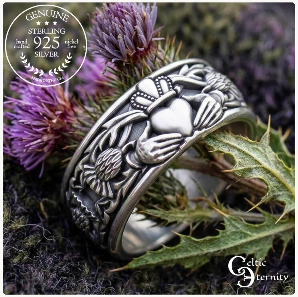 Sterling Silver Men's Heart Claddagh & Thistle Wedding Band, 3281